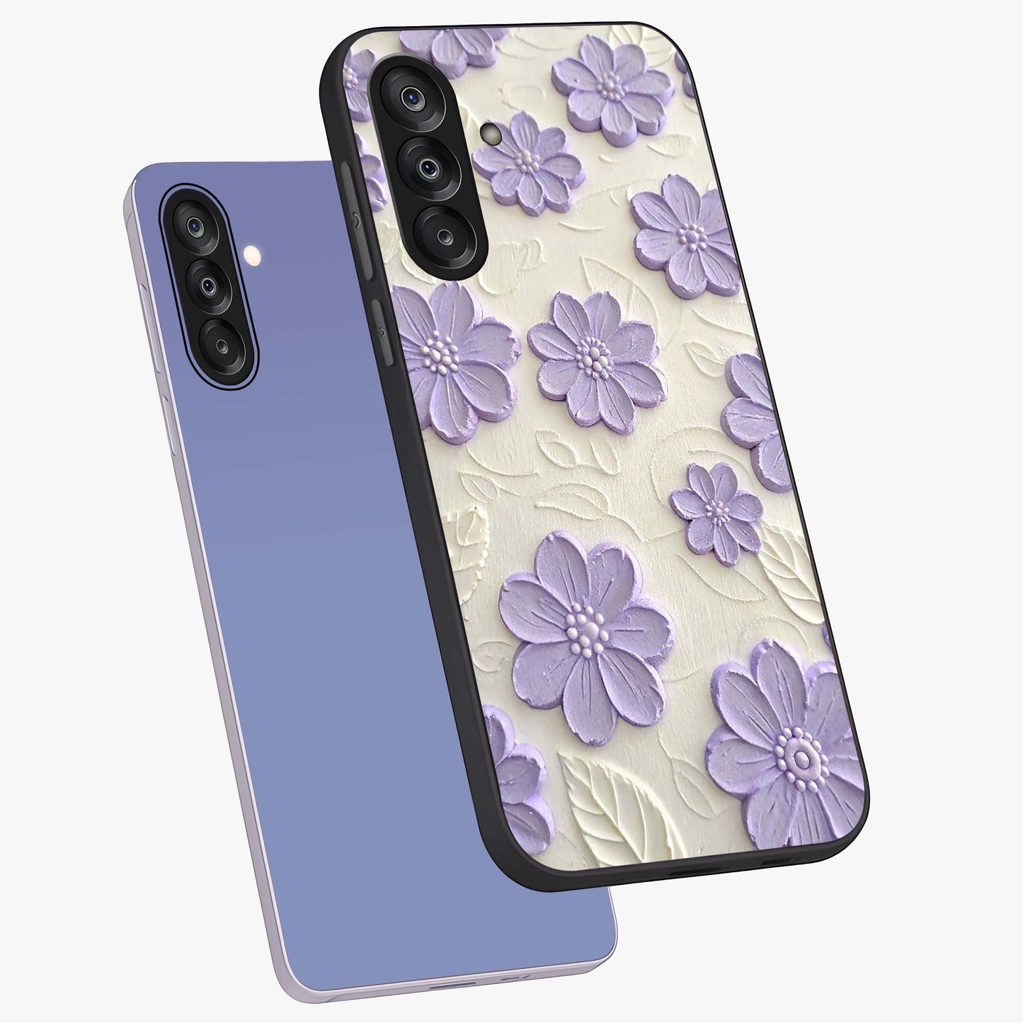 Floral Wall Art With Purple Flowers Glass Case displayed in angled mockup highlighting vibrant purple floral illustration with artistic aesthetic.