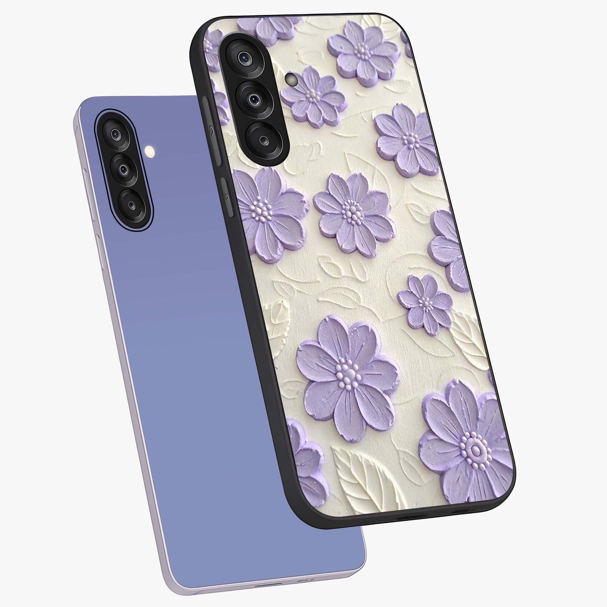 Floral Wall Art With Purple Flowers Glass Case displayed in angled mockup highlighting vibrant purple floral illustration with artistic aesthetic.