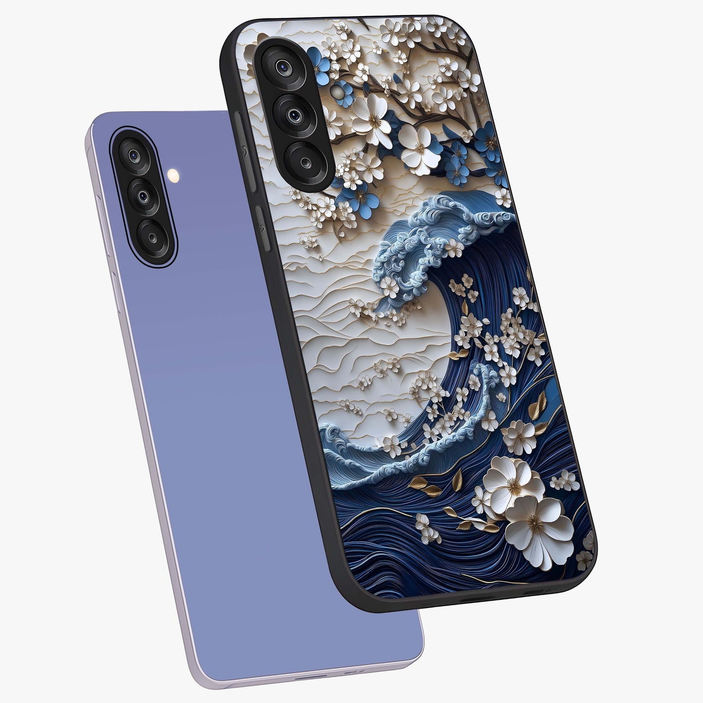 Floral Wave Origami Glass Case displayed in angled mockup highlighting geometric origami flower design with modern aesthetic style.
