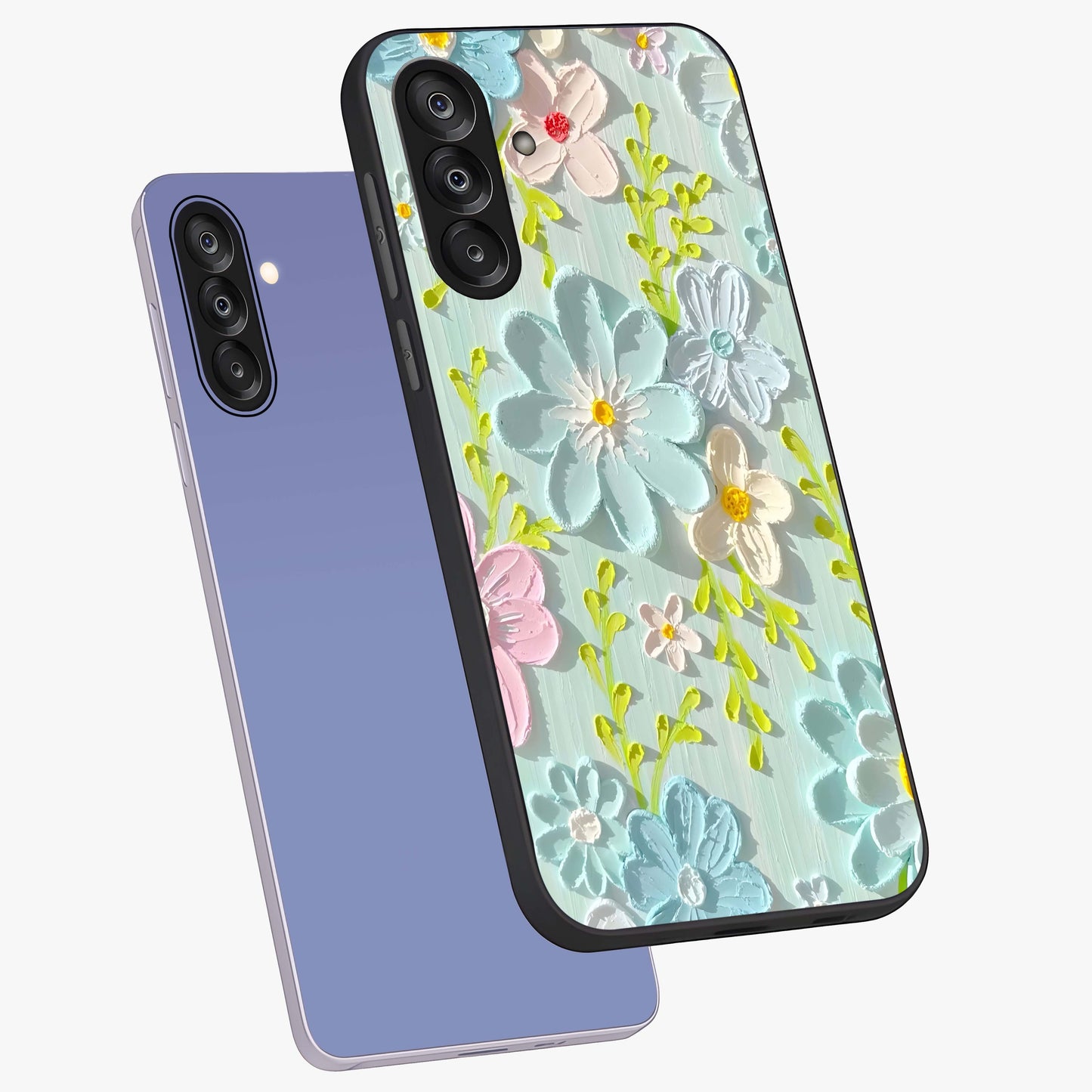 Frosted Petal Garden Glass Case displayed in angled mockup highlighting delicate flower petal design with calm garden aesthetic.