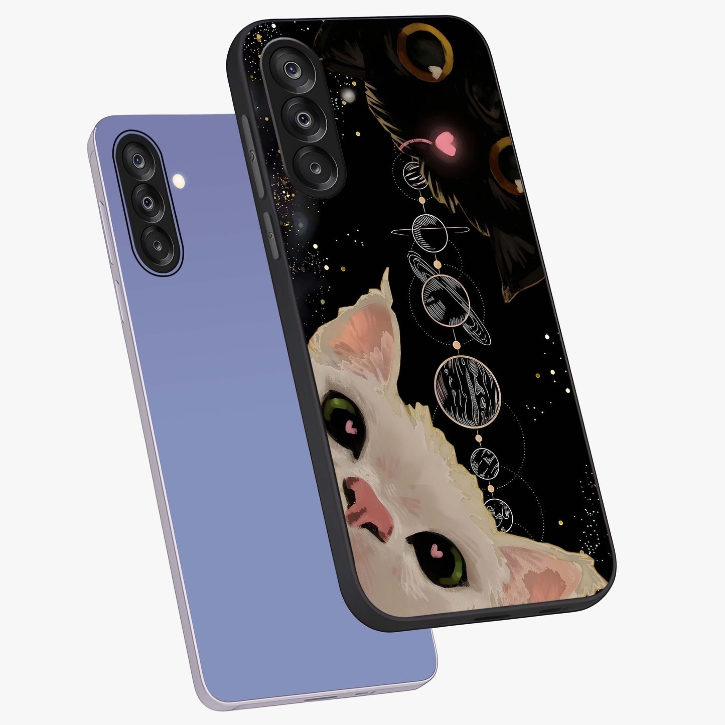 Galactic Cat Glass Case displayed in angled mockup highlighting celestial feline illustration with galaxy aesthetic style.