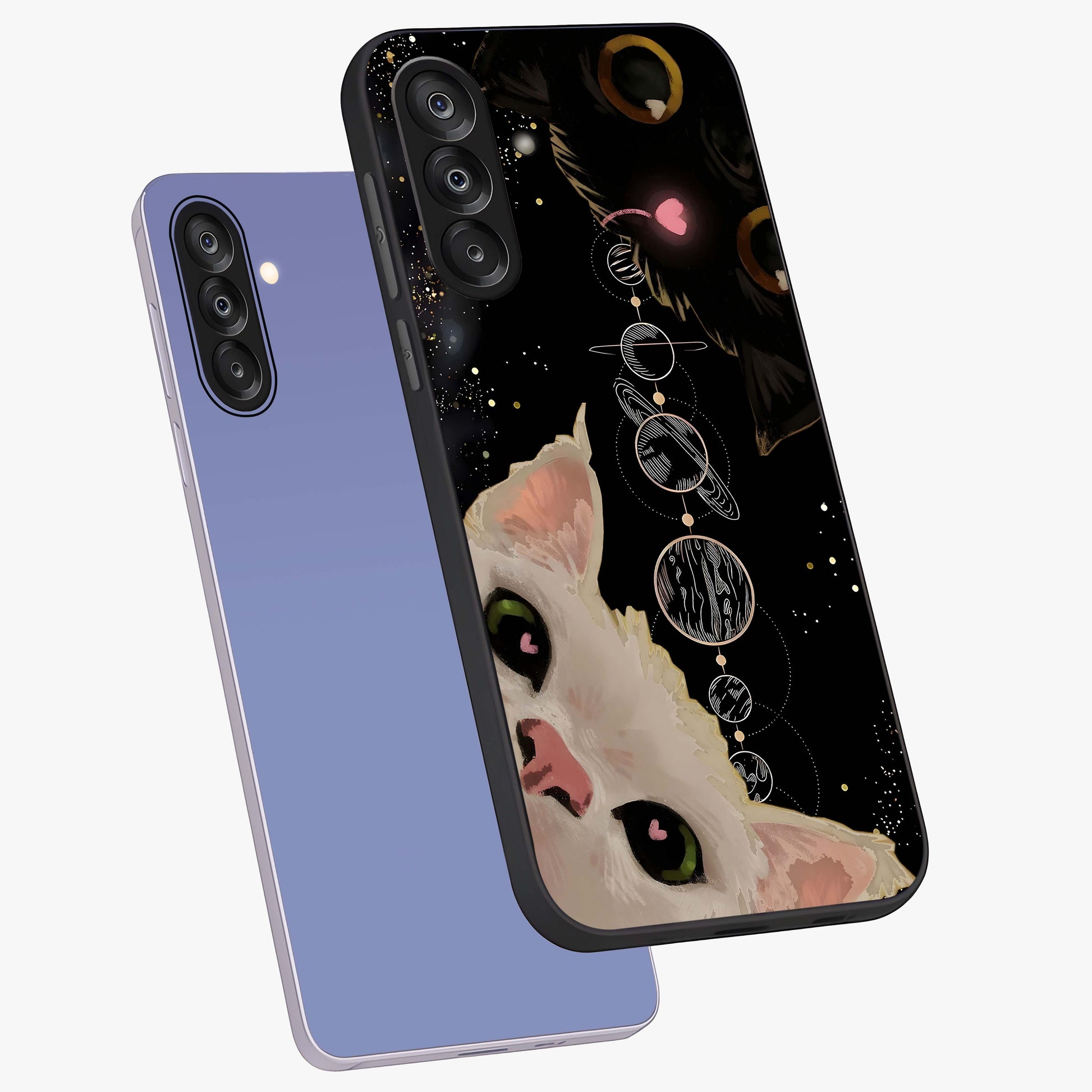 Galactic Cat Glass Case displayed in angled mockup highlighting celestial feline illustration with galaxy aesthetic style.