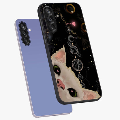 Galactic Cat Glass Case displayed in angled mockup highlighting celestial feline illustration with galaxy aesthetic style.