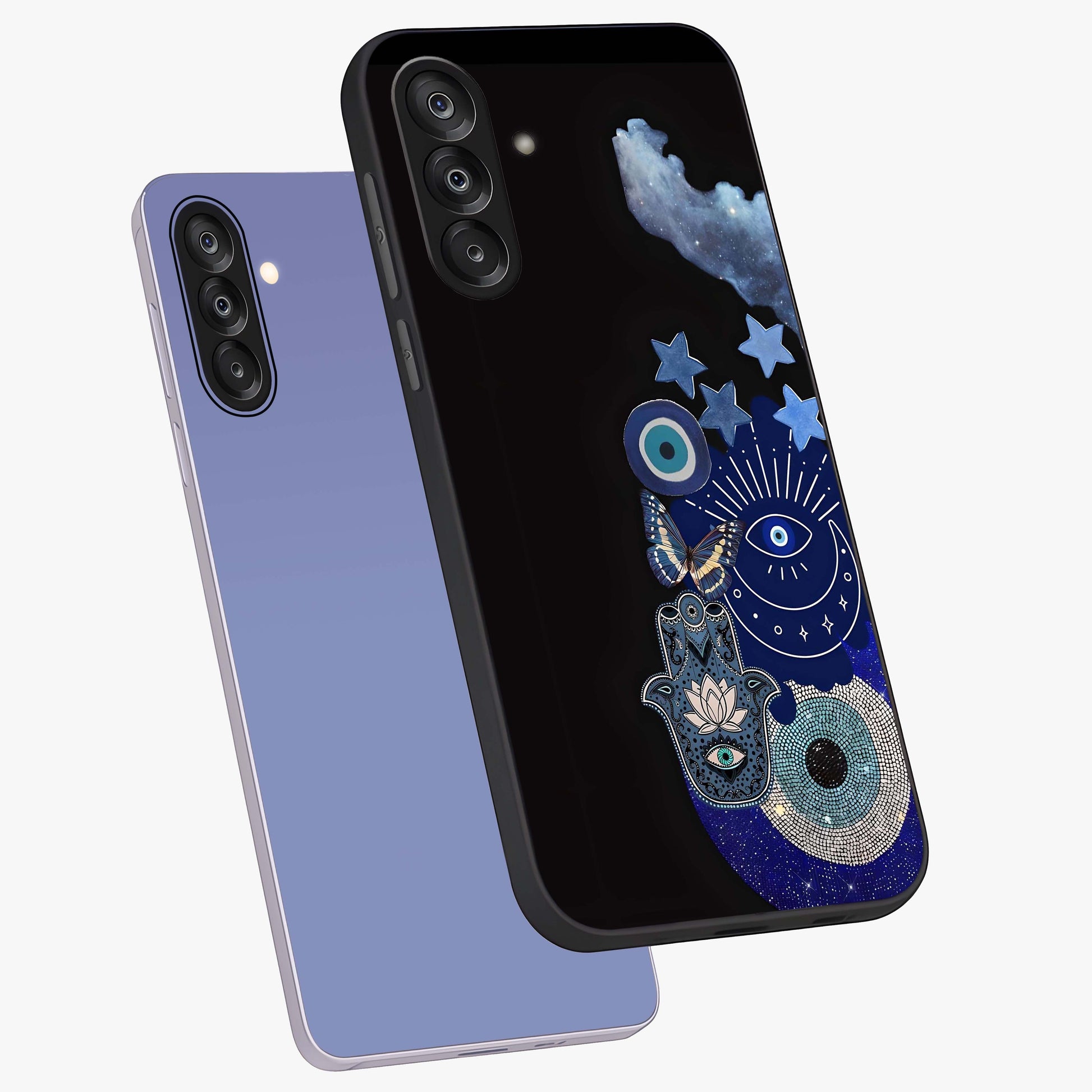 Galactic Charm Cluster Glass Case displayed in angled mockup highlighting luminous galaxy inspired design with dreamy aesthetic.
