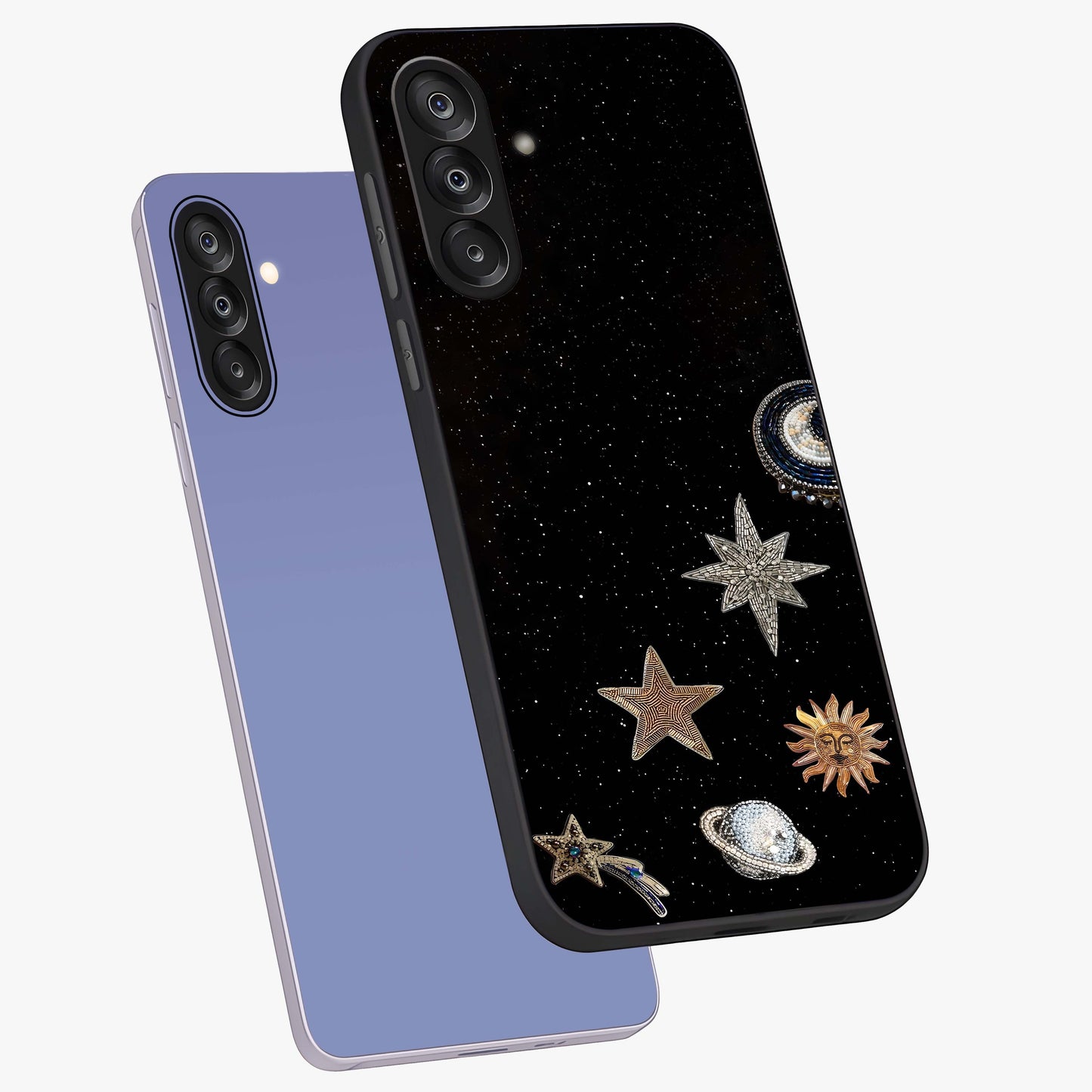 Galactic Charm Glow Glass Case displayed in angled mockup highlighting luminous galaxy inspired design with dreamy aesthetic.