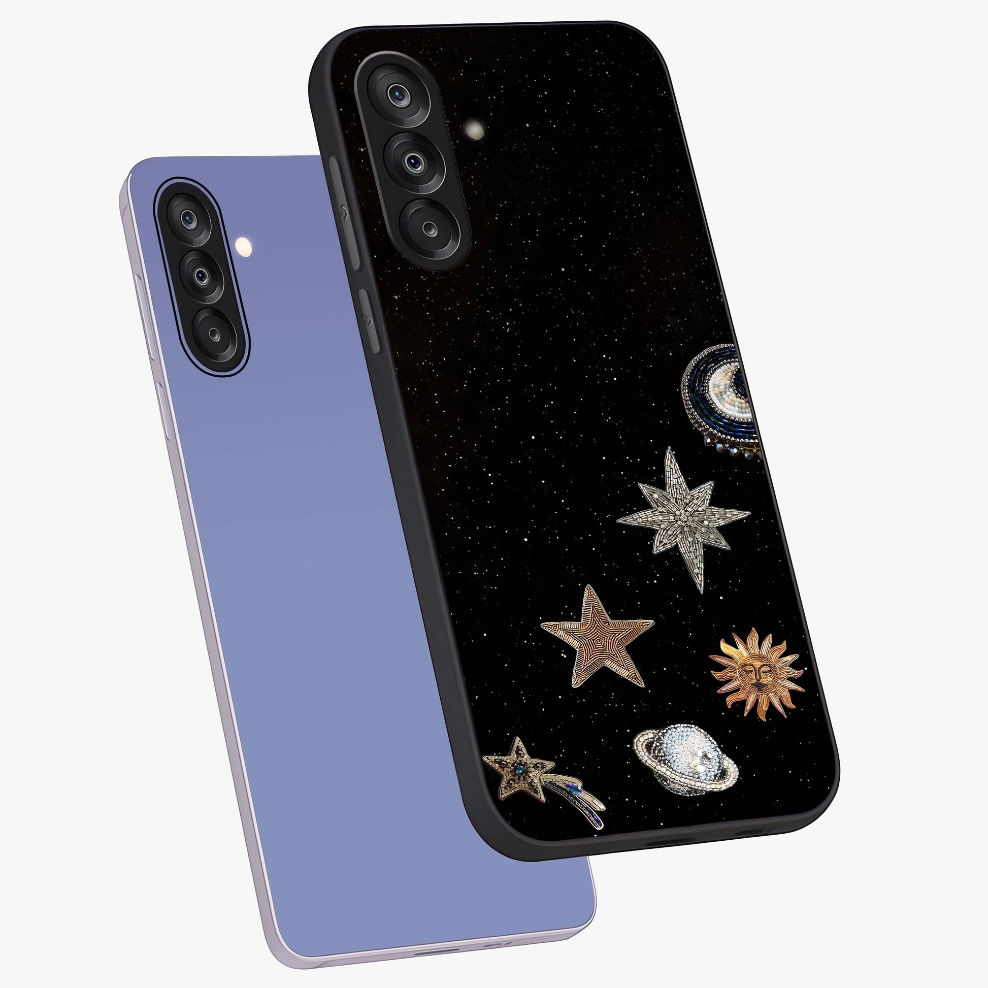 Galactic Charm Glow Glass Case displayed in angled mockup highlighting luminous galaxy inspired design with dreamy aesthetic.