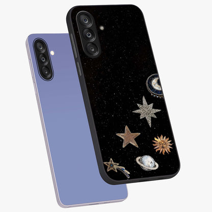 Galactic Charm Glow Glass Case displayed in angled mockup highlighting luminous galaxy inspired design with dreamy aesthetic.