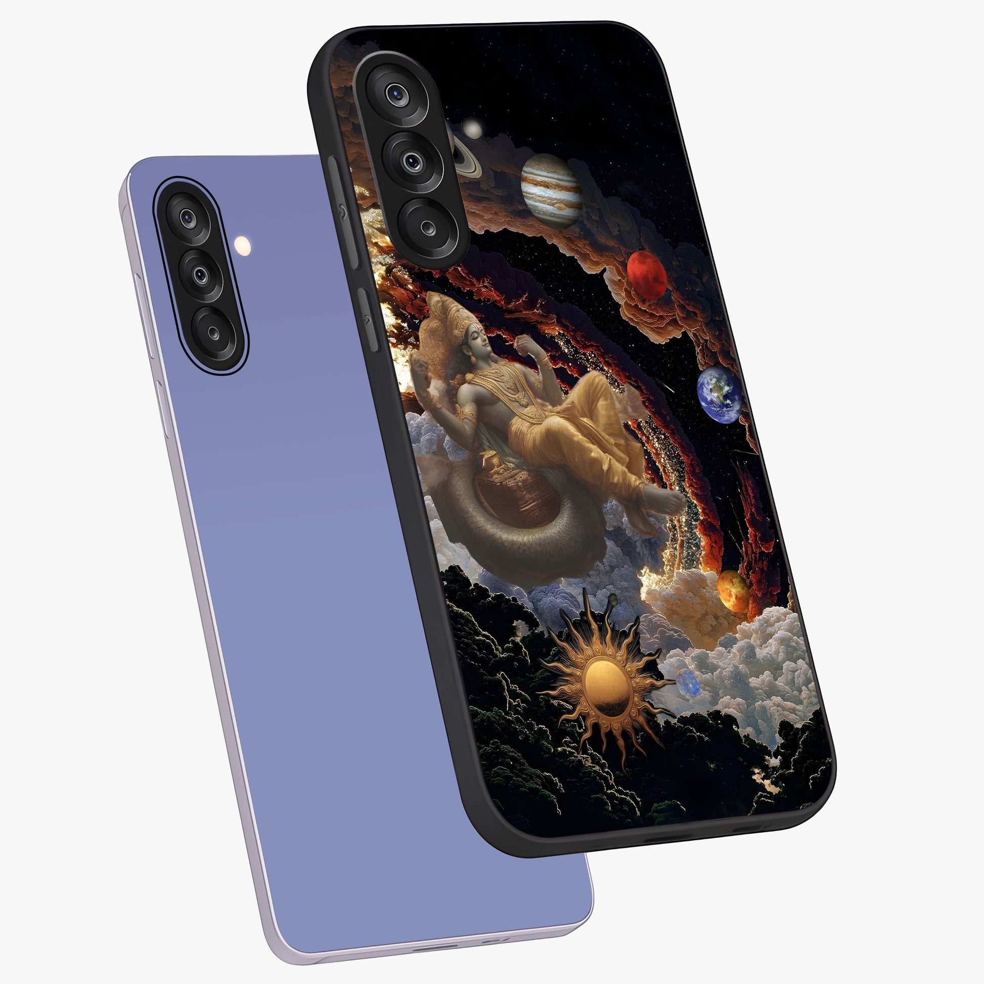 Galactic Divine God Glass Case displayed in angled mockup highlighting powerful celestial deity illustration with galactic aesthetic.