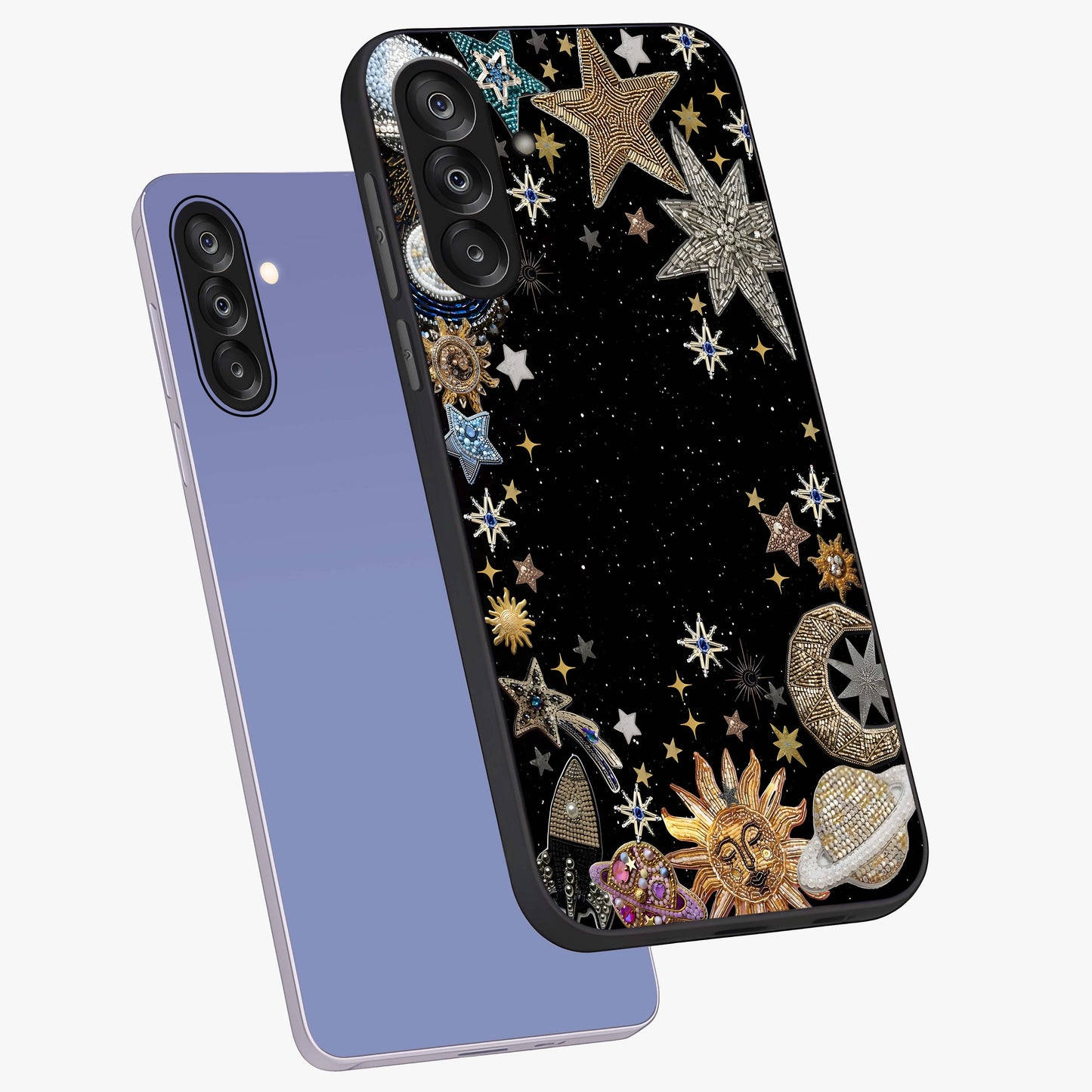 Galactic Jewel Stars Glass Case displayed in angled mockup highlighting shining celestial star design with cosmic aesthetic style.
