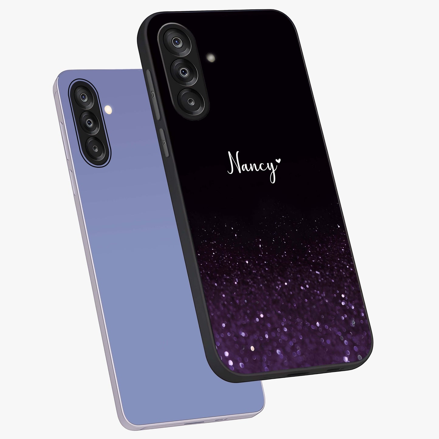 Glittery Purple Bokeh Custom Name Glass Case displayed in angled mockup highlighting glitter bokeh pattern with custom name feature.