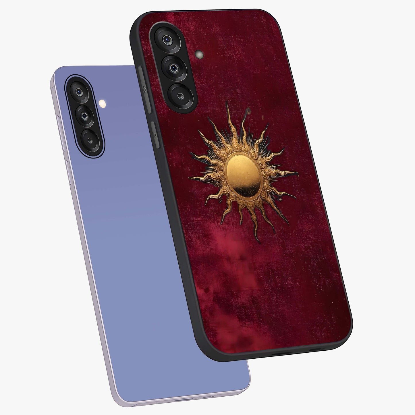 Golden Sun Minimalism Glass Case displayed in angled mockup highlighting clean sun symbol design with modern minimal aesthetic.