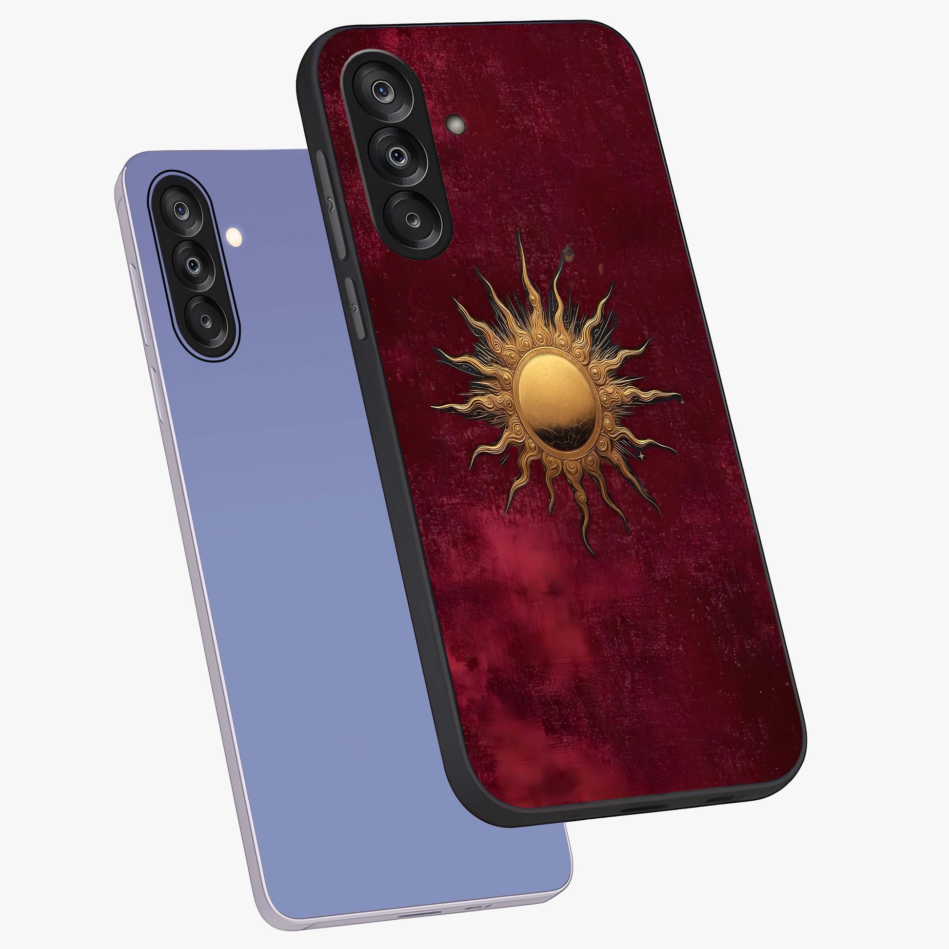 Golden Sun Minimalism Glass Case displayed in angled mockup highlighting clean sun symbol design with modern minimal aesthetic.