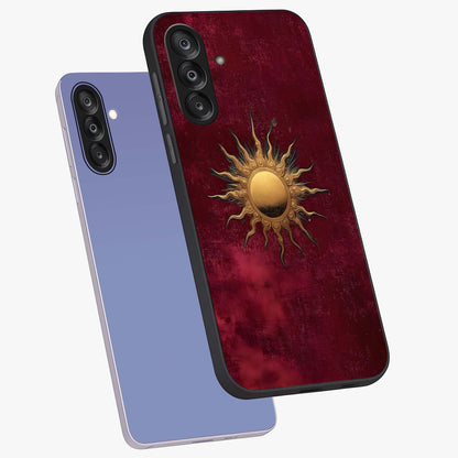 Golden Sun Minimalism Glass Case displayed in angled mockup highlighting clean sun symbol design with modern minimal aesthetic.