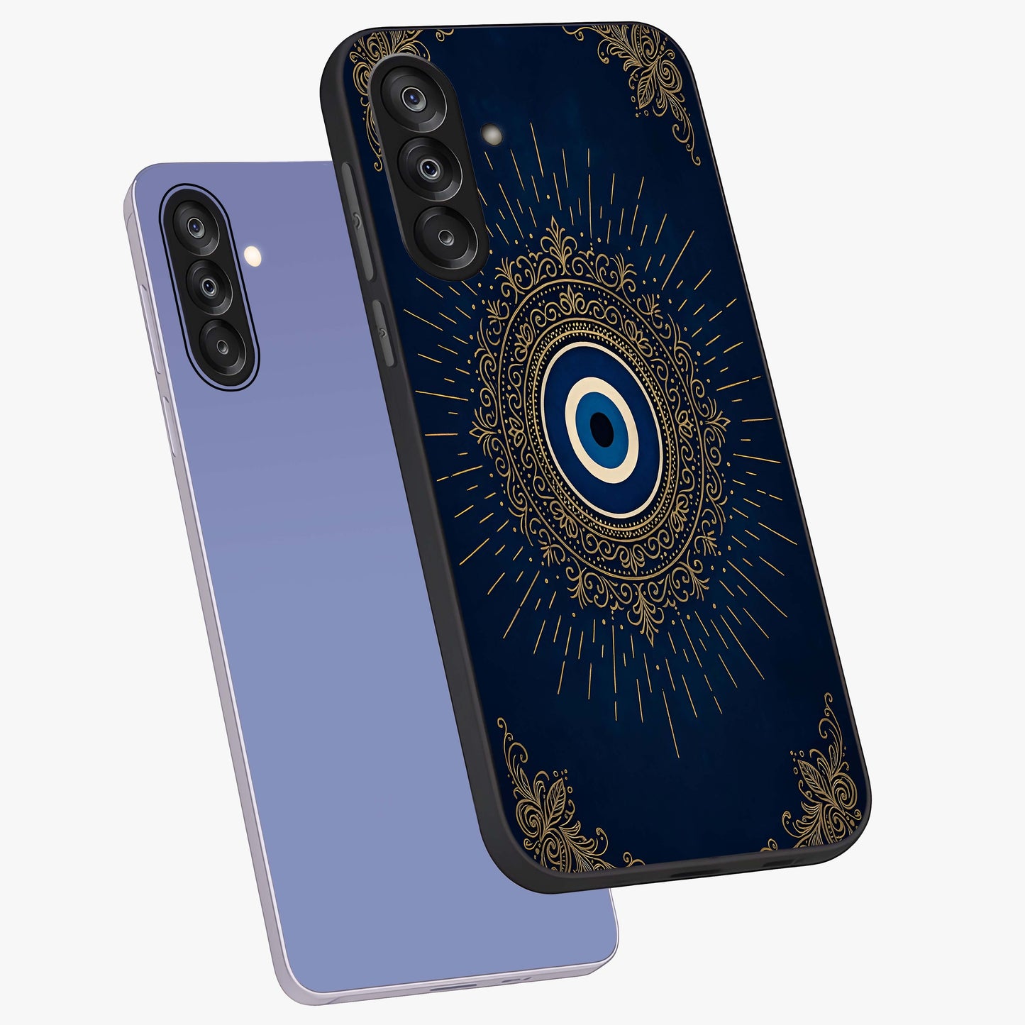Golden Celestial Charm Glass Case displayed in angled mockup highlighting sparkling cosmic charm design with celestial aesthetic.