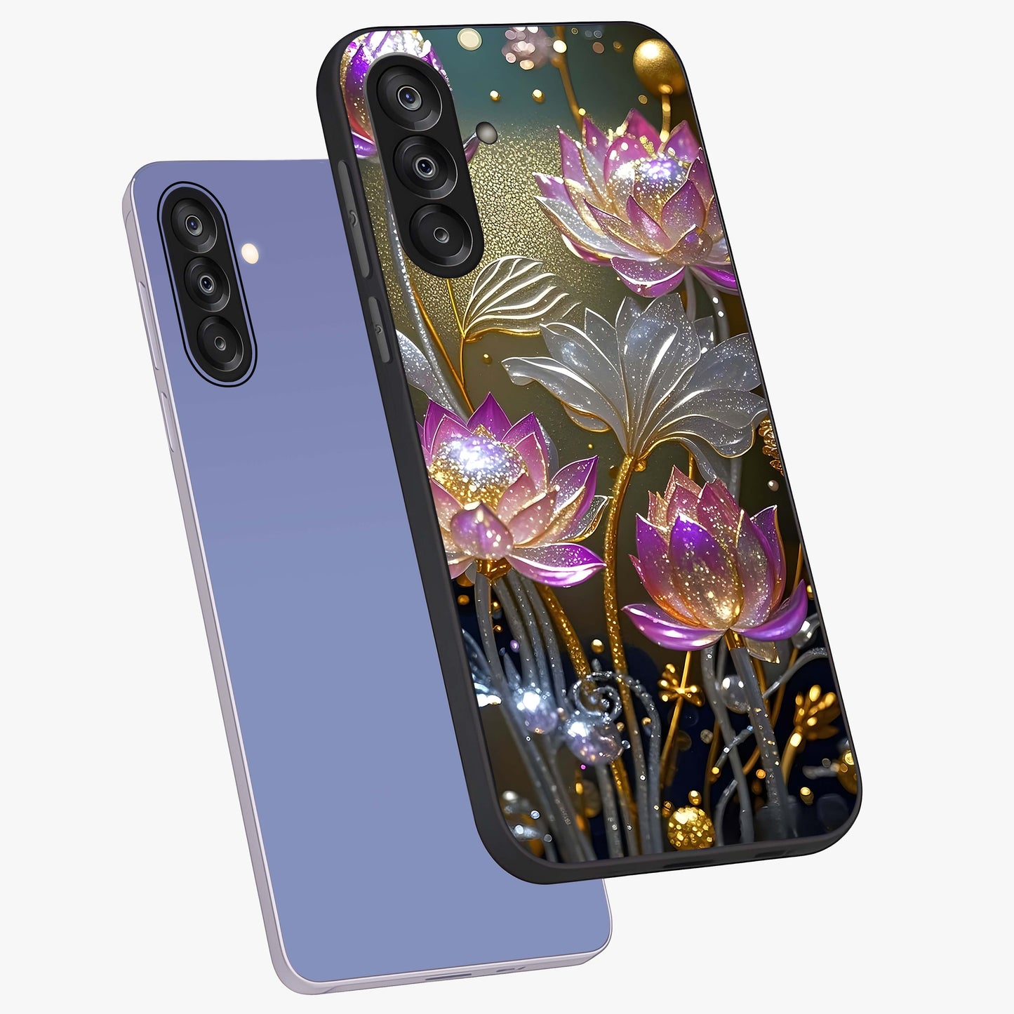 Golden Floral Majesty Glass Case displayed in angled mockup highlighting elegant flower design with royal golden aesthetic.