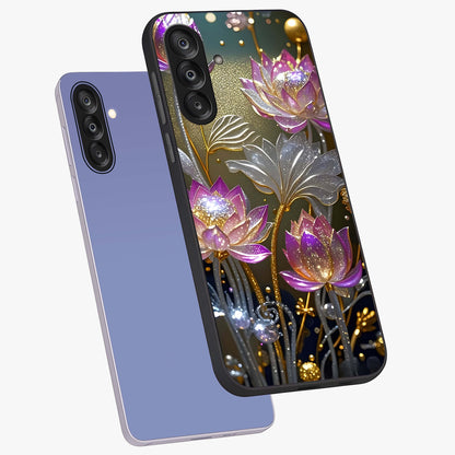 Golden Floral Majesty Glass Case displayed in angled mockup highlighting elegant flower design with royal golden aesthetic.