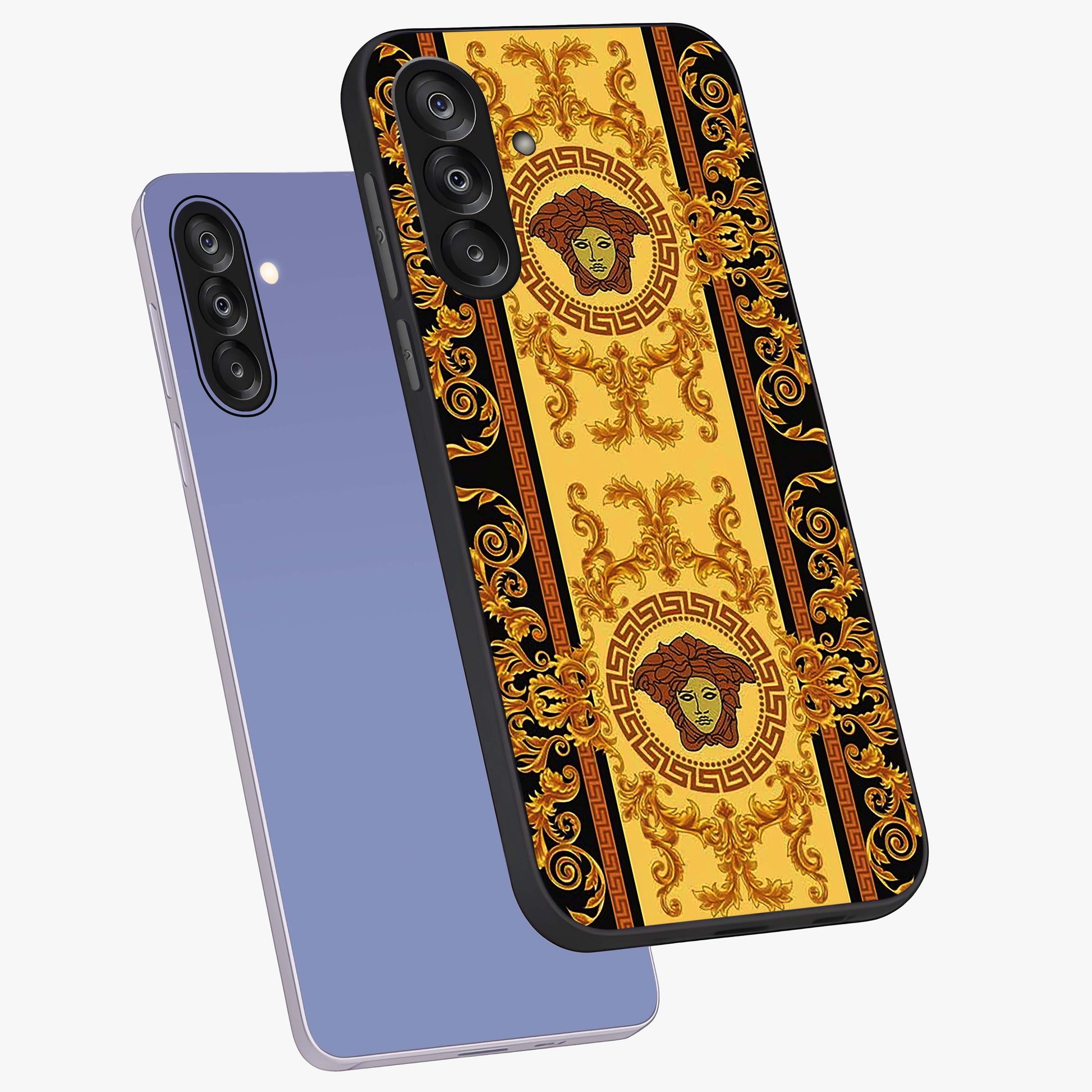 Golden Lotus Glow Glass Case displayed in angled mockup highlighting radiant lotus illustration with spiritual aesthetic.