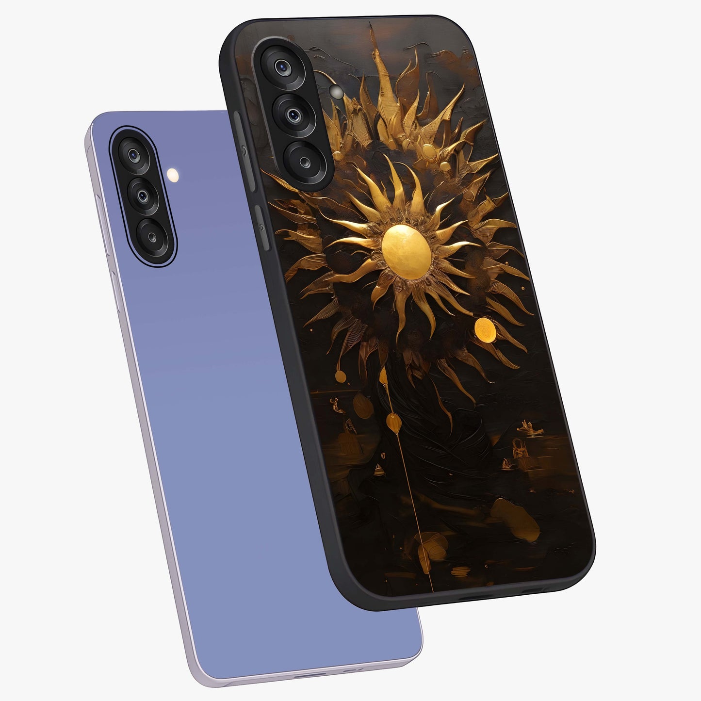 Golden Sun Majesty Glass Case displayed in angled mockup highlighting eerie shadow illustration with gothic aesthetic.