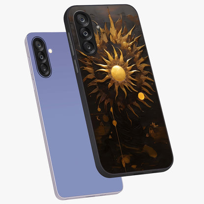 Golden Sun Majesty Glass Case displayed in angled mockup highlighting eerie shadow illustration with gothic aesthetic.