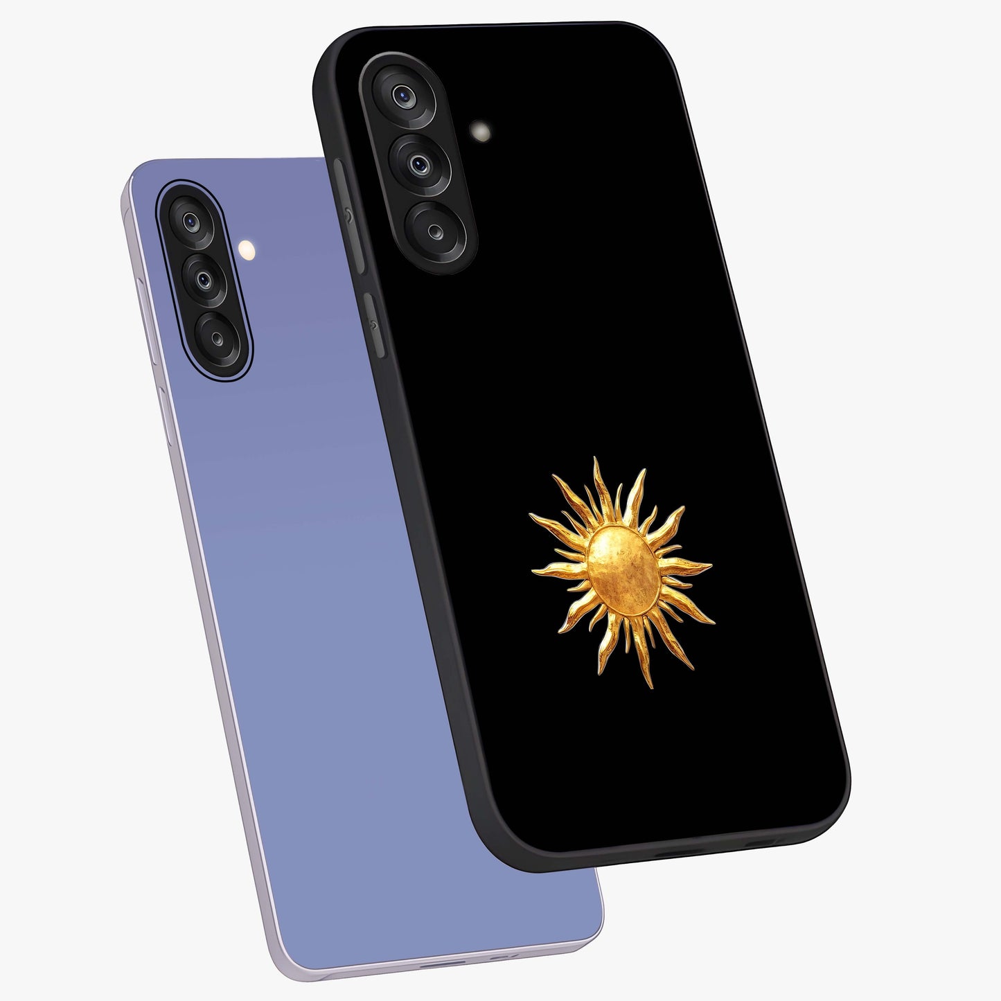 Golden Sun Minimalism Glass Case displayed in angled mockup highlighting eerie shadow illustration with gothic aesthetic.