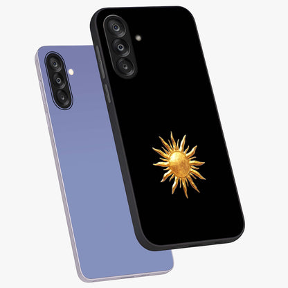 Golden Sun Minimalism Glass Case displayed in angled mockup highlighting eerie shadow illustration with gothic aesthetic.