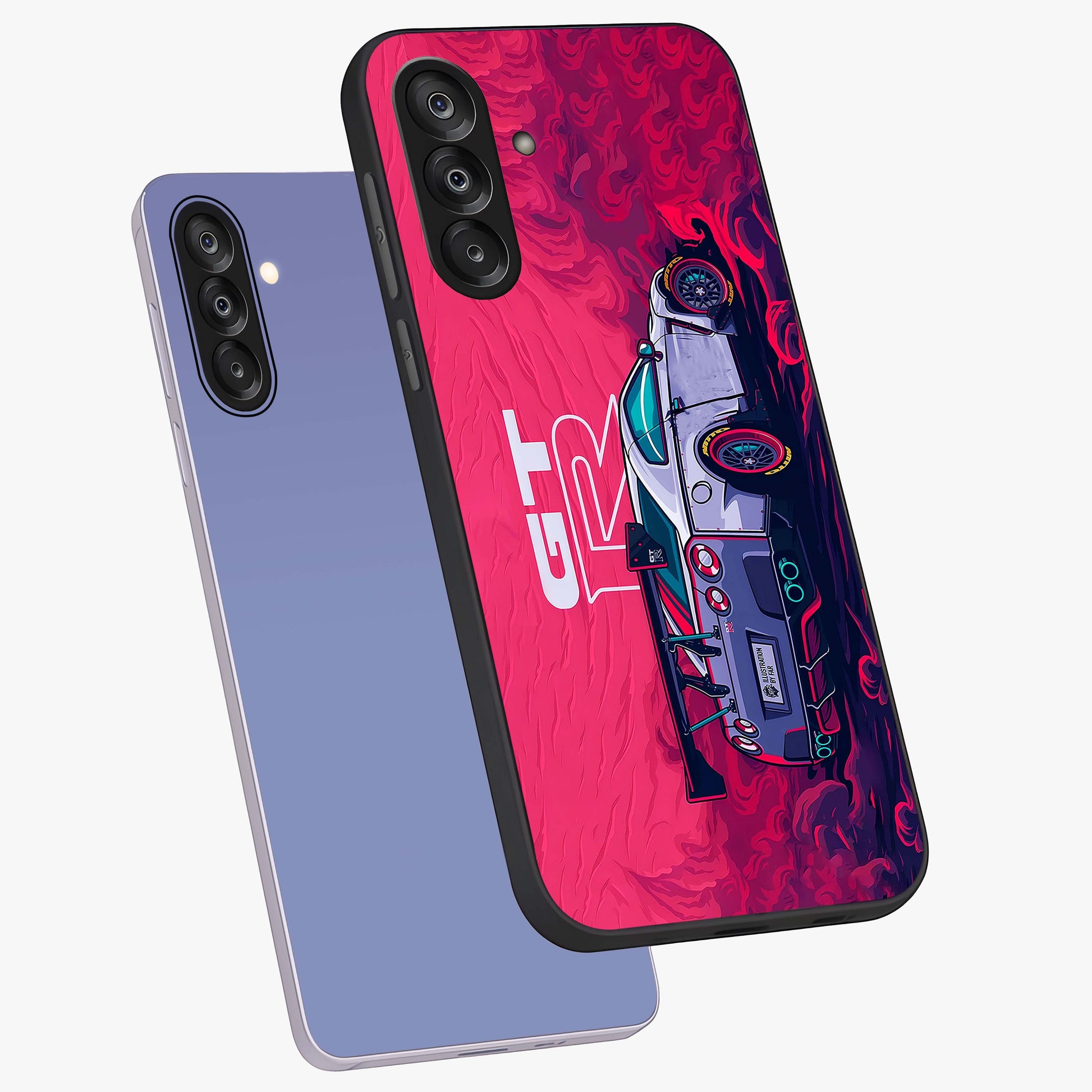 GT-R Car Pattern Glass Case displayed in angled mockup highlighting racing car graphic design with bold automotive aesthetic.
