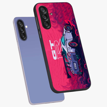 GT-R Car Pattern Glass Case displayed in angled mockup highlighting racing car graphic design with bold automotive aesthetic.