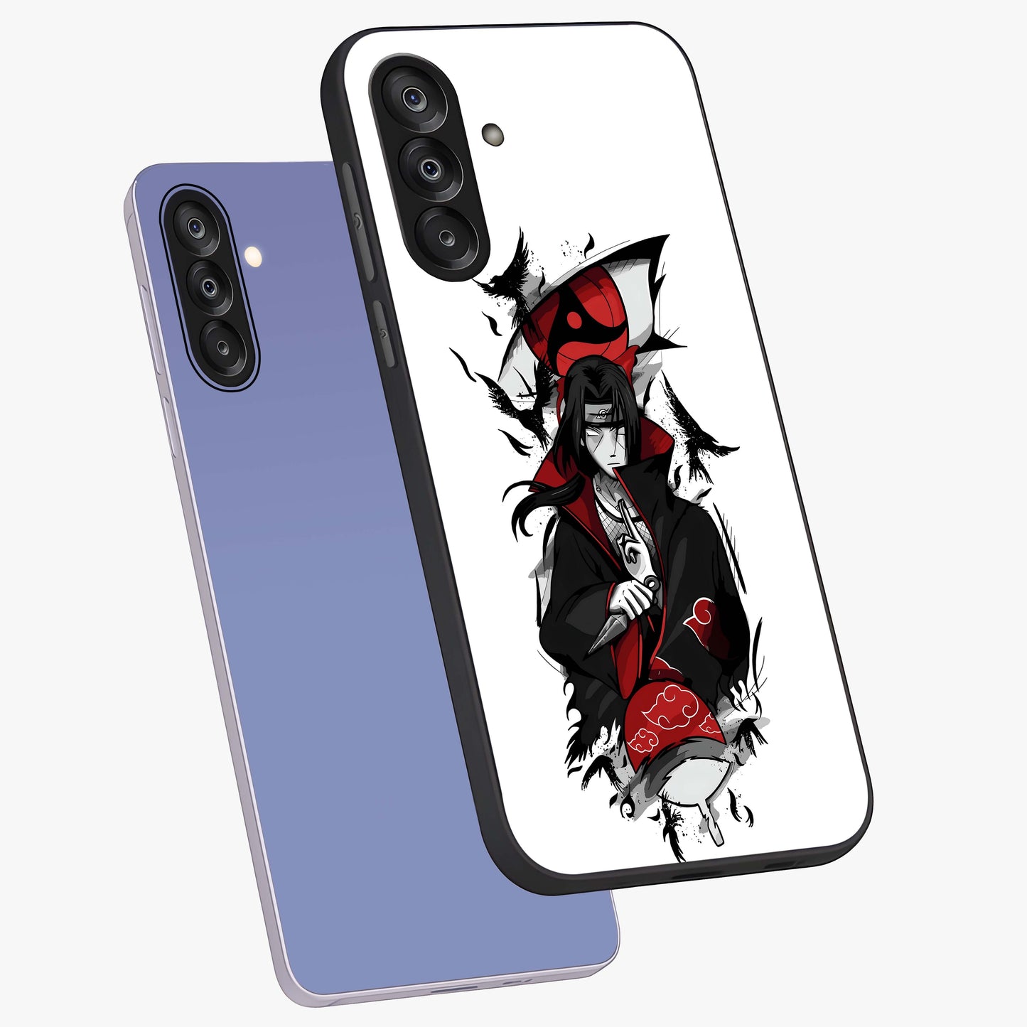 Itachi Limited Edition Naruto Anime Glass Case displayed in angled mockup highlighting dramatic anime illustration with bold action aesthetic.
