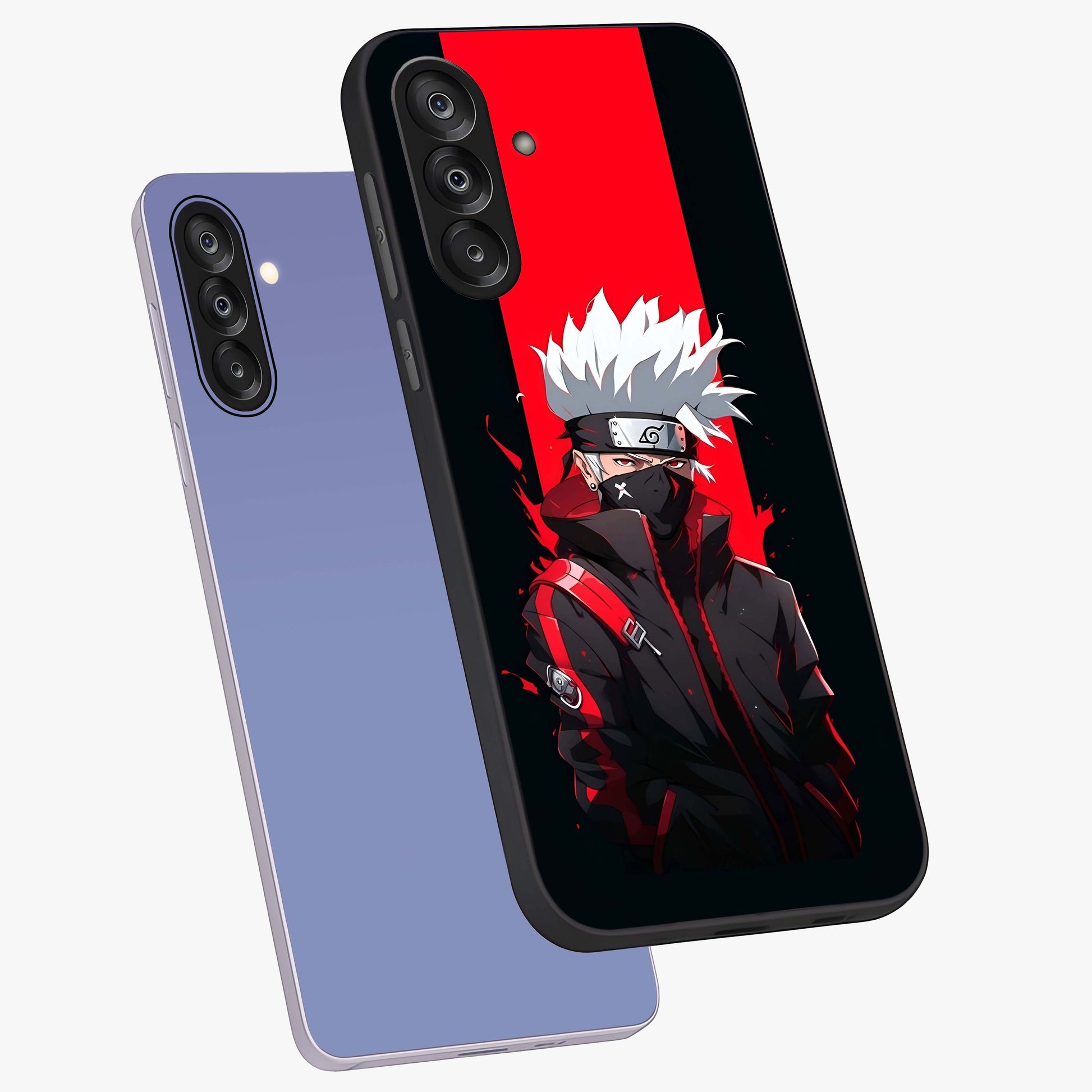 Kakashi Scarlet Shadow Glass Case displayed in angled mockup highlighting dramatic ninja illustration with scarlet themed aesthetic.