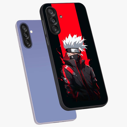 Kakashi Scarlet Shadow Glass Case displayed in angled mockup highlighting dramatic ninja illustration with scarlet themed aesthetic.