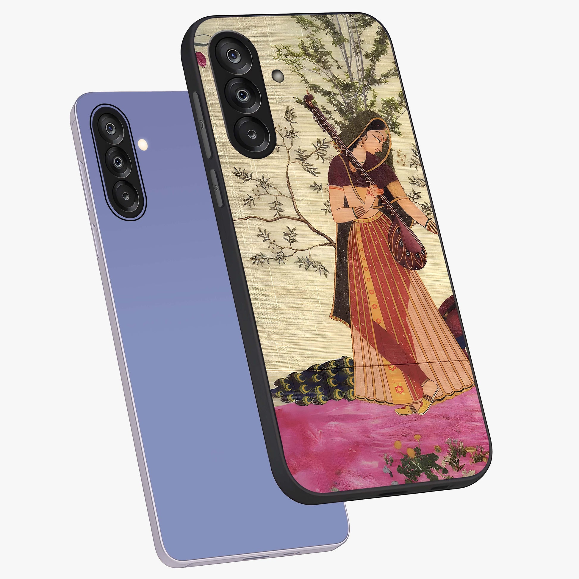Lady With Veena Art Glass Case displayed in angled mockup highlighting graceful musical illustration with cultural artistic aesthetic.