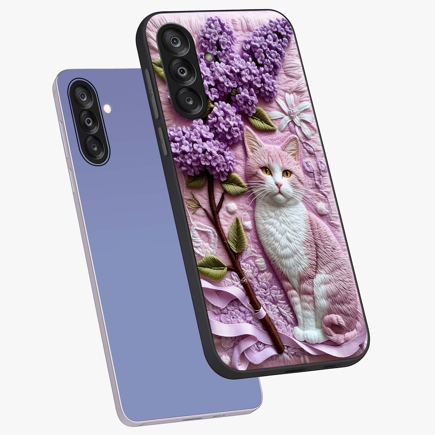 Lavender Cat Whimsy Glass Case displayed in angled mockup highlighting playful feline illustration with pastel lavender aesthetic.