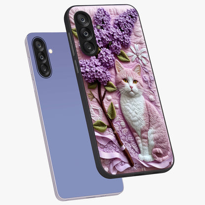 Lavender Cat Whimsy Glass Case displayed in angled mockup highlighting playful feline illustration with pastel lavender aesthetic.