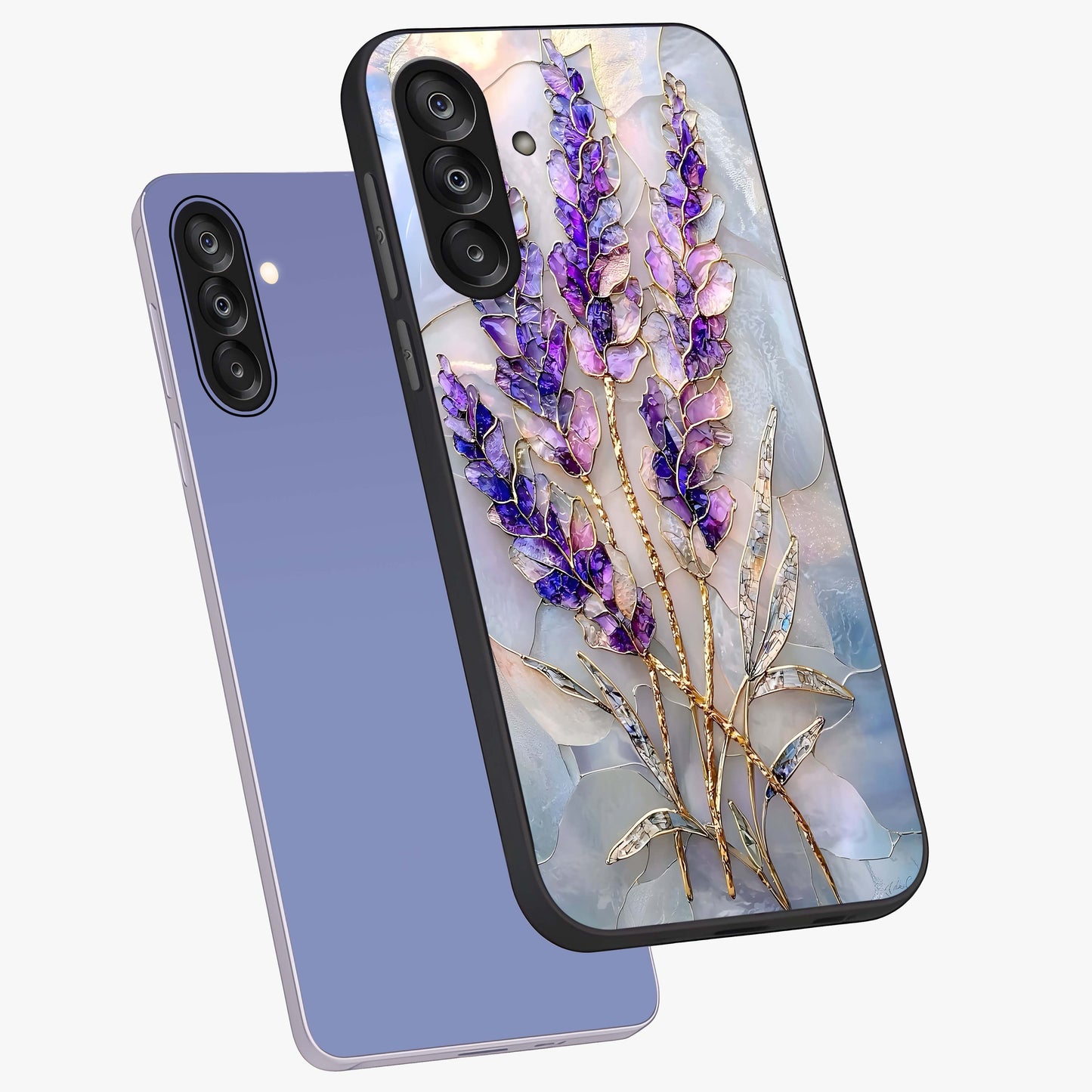 Lavender Dream Glow Glass Case displayed in angled mockup highlighting dreamy purple glow design with soft artistic style.