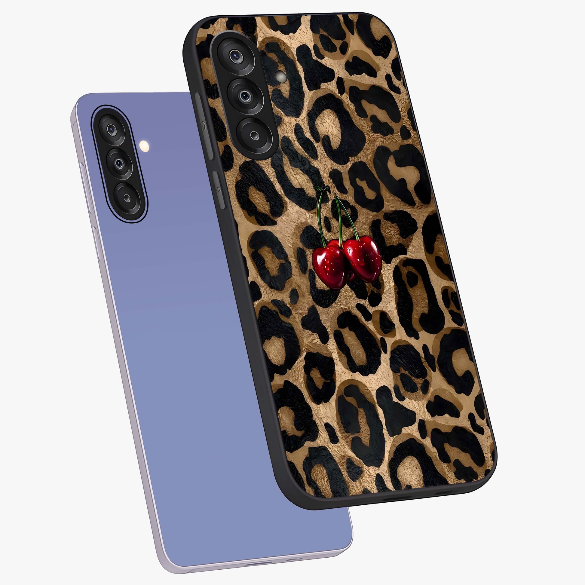 Leopard Wild Cherry Glass Case displayed in angled mockup highlighting bold animal print design with playful cherry aesthetic.