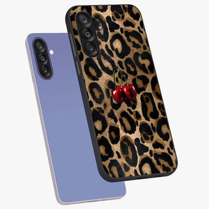 Leopard Wild Cherry Glass Case displayed in angled mockup highlighting bold animal print design with playful cherry aesthetic.