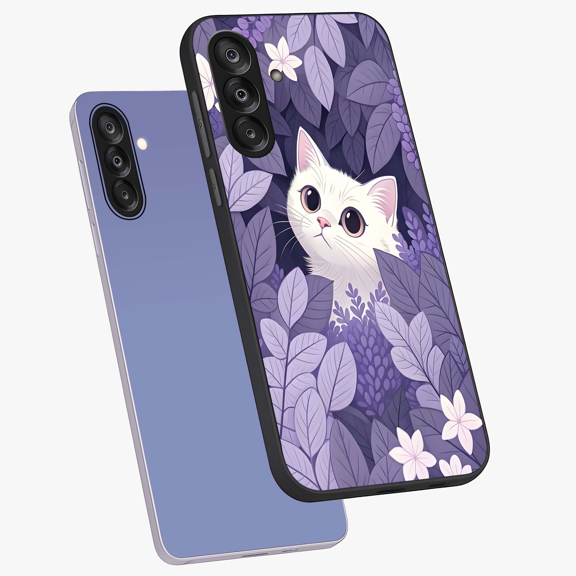 Lilac Hide Peek Cat Glass Case displayed in angled mockup highlighting playful feline illustration with lilac aesthetic design.