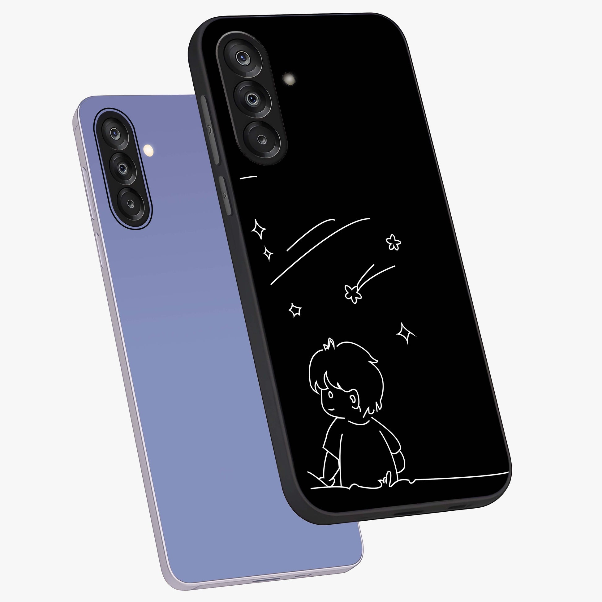 Line Art Boy With Shooting Stars Glass Case displayed in angled mockup highlighting elegant line art design with dreamy star aesthetic.