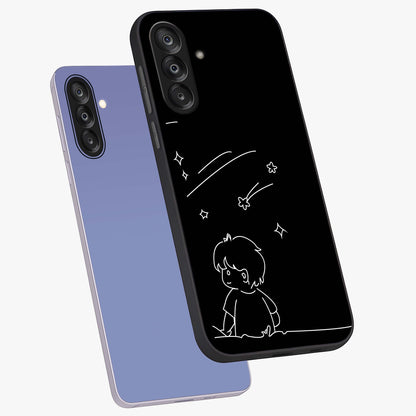Line Art Boy With Shooting Stars Glass Case displayed in angled mockup highlighting elegant line art design with dreamy star aesthetic.