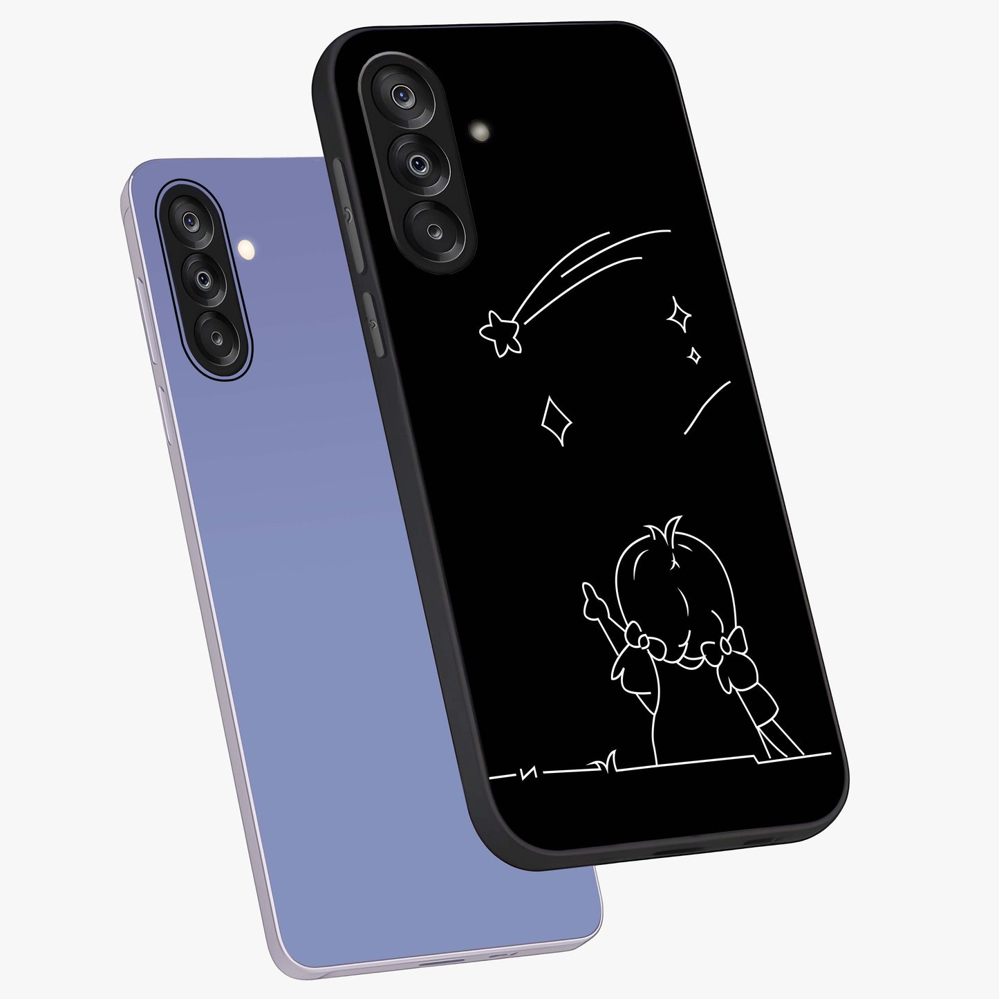 Line Art Girl With Shooting Stars Glass Case displayed in angled mockup highlighting elegant line art design with dreamy star aesthetic.