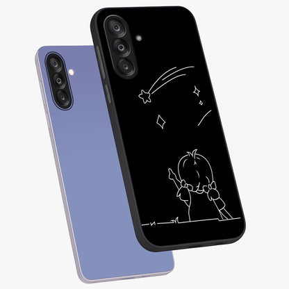 Line Art Girl With Shooting Stars Glass Case displayed in angled mockup highlighting elegant line art design with dreamy star aesthetic.