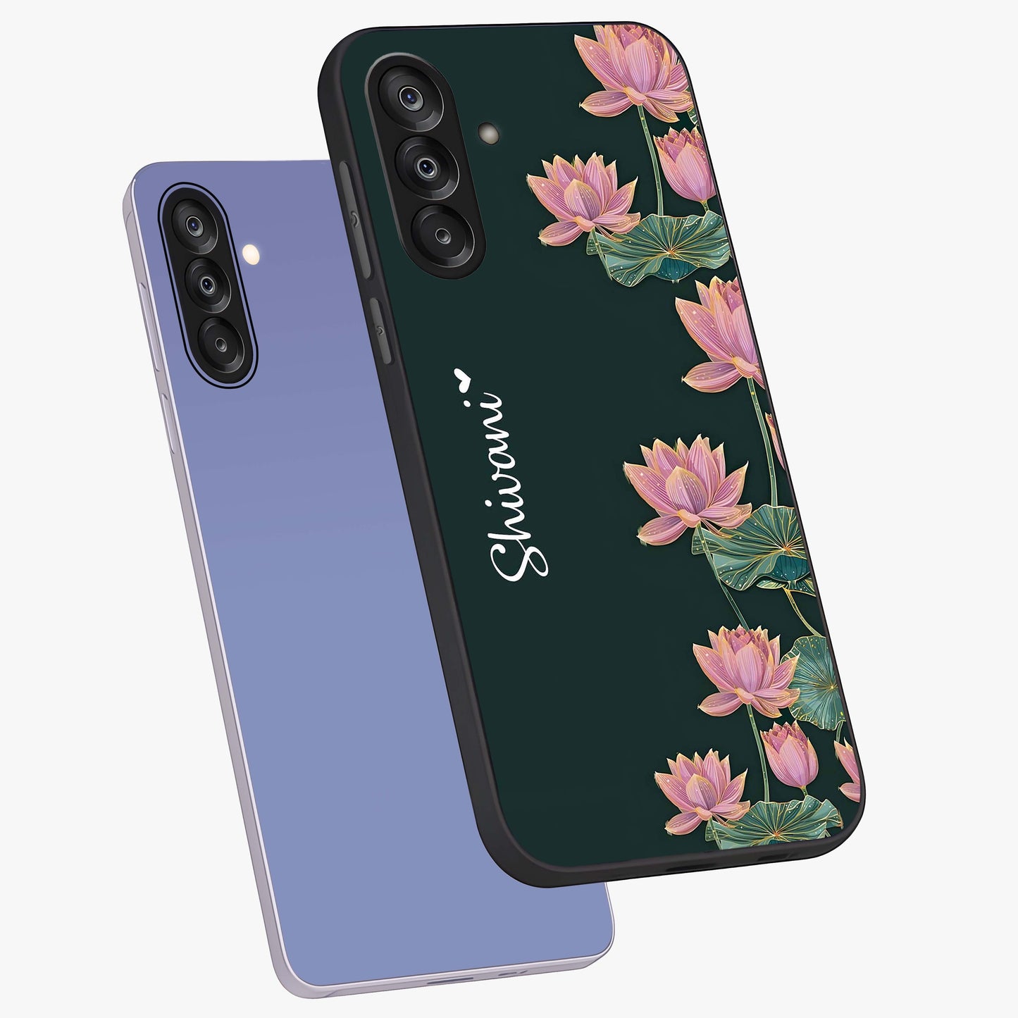 Lotus Bloom Serenity Custom Name Glass Case displayed in angled mockup highlighting graceful lotus illustration with custom name feature.