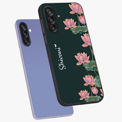 Lotus Bloom Serenity Custom Name Glass Case displayed in angled mockup highlighting graceful lotus illustration with custom name feature.