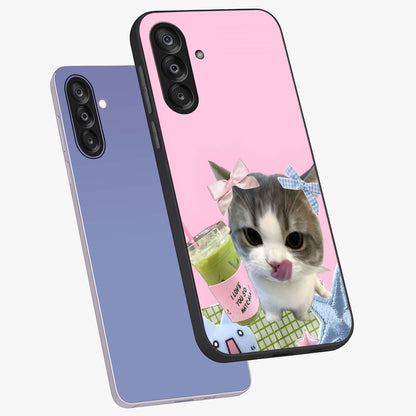 Love Matcha Cat Glass Case displayed in angled mockup highlighting playful feline illustration with cozy matcha aesthetic.