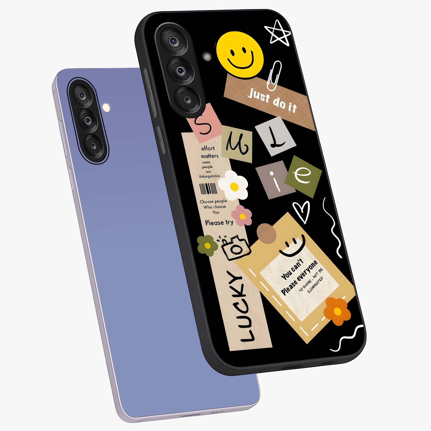 Lucky Aesthetic Collage Glass Case displayed in angled mockup highlighting stylish collage pattern with modern aesthetic vibe.
