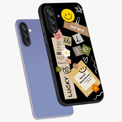 Lucky Aesthetic Collage Glass Case displayed in angled mockup highlighting stylish collage pattern with modern aesthetic vibe.