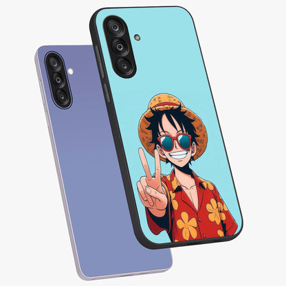 Luffy Summer Anime Vibe Glass Case displayed in angled mockup highlighting energetic anime illustration with summer vibe aesthetic.