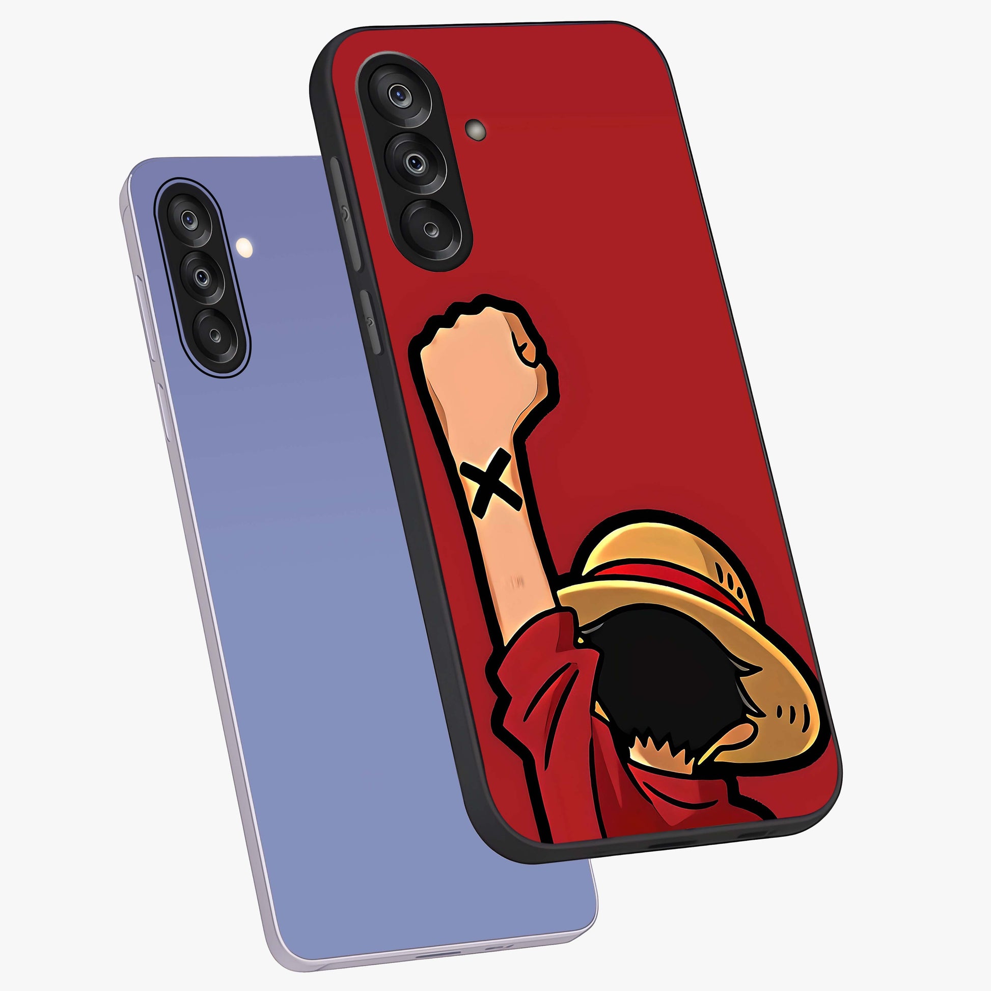 Luffy X Spirit Glass Case displayed in angled mockup highlighting powerful anime design with energetic action aesthetic.