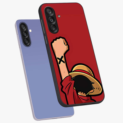Luffy X Spirit Glass Case displayed in angled mockup highlighting powerful anime design with energetic action aesthetic.