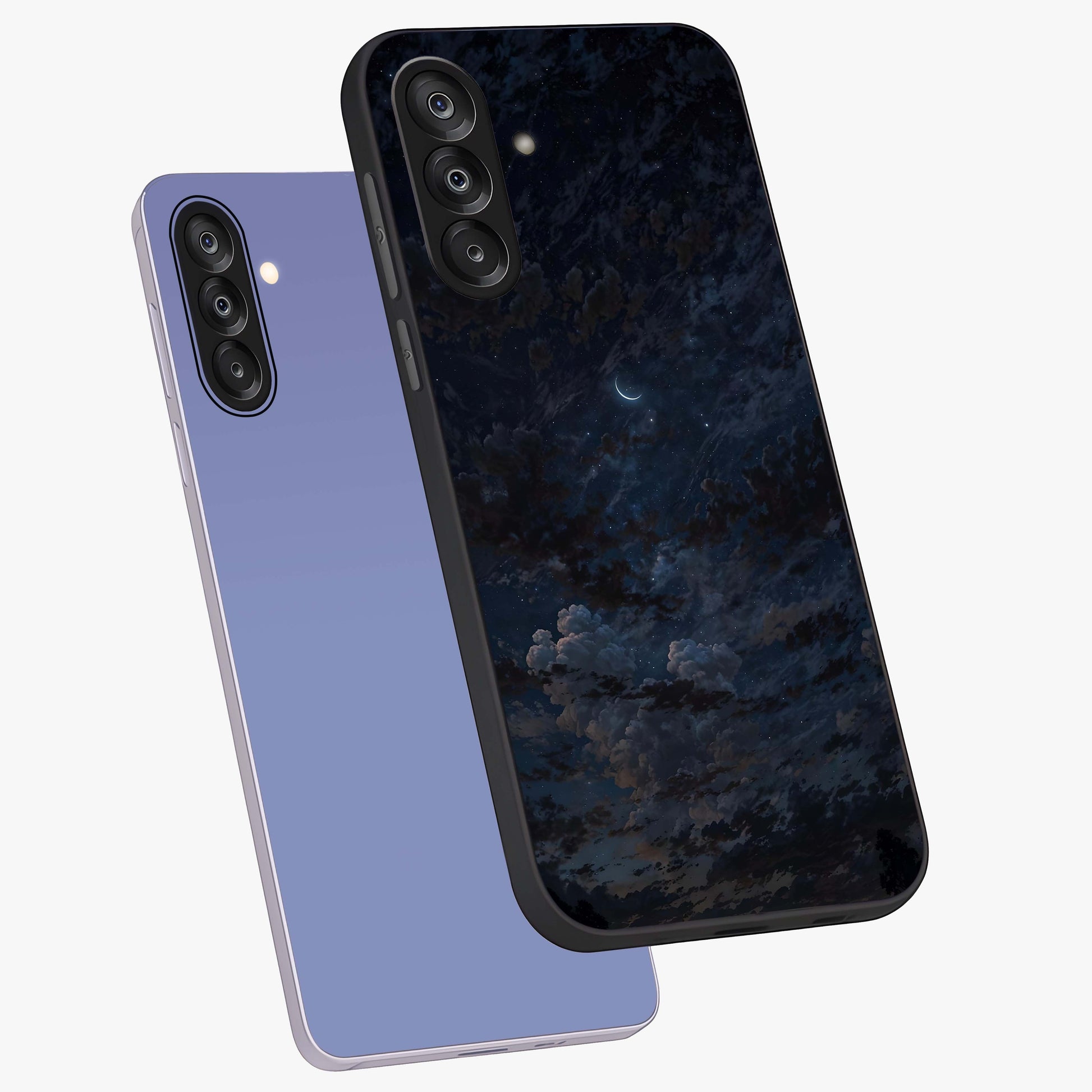 Lunar Veil Silence Glass Case displayed in angled mockup highlighting soft lunar design with peaceful celestial aesthetic.